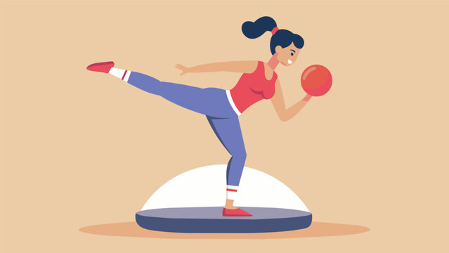A woman practices her balance on a Bosu ball while simultaneously performing taekwondo kicks improving both stability and functional fitness for