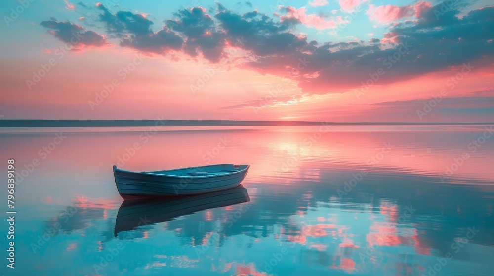 Poster a boat is floating on a calm lake with a beautiful sunset in the background. the scene is serene and
