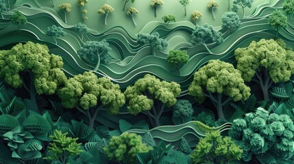 Layered paper-cut art depicting lush green forest with intricate detailing and textured depth