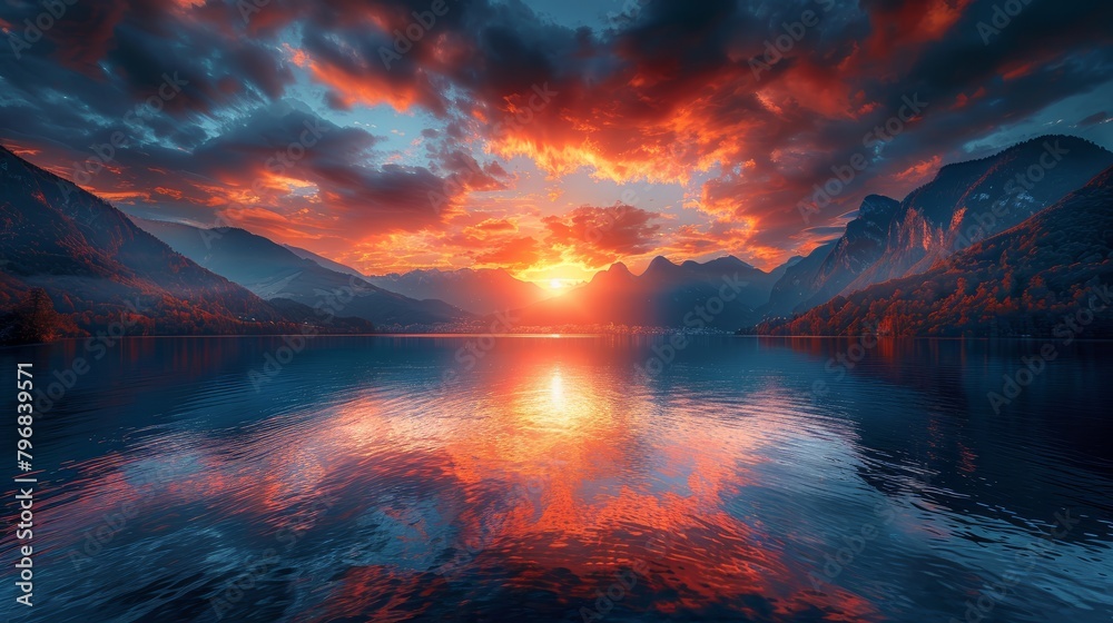 Aufkleber a beautiful sunset over a lake with mountains in the background. the sky is filled with clouds and t