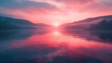 Fototapeta premium A beautiful sunset over a lake with a pink sky. The water is calm and still, reflecting the colors of the sky. The scene is serene and peaceful, with the sun setting in the distance