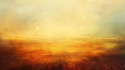 Warm-toned abstract art resembling a blurred sunset over a field, with a textured brush-stroke effect