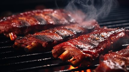 close-up of juicy bbq ribs in a smoker.