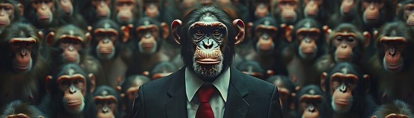 Monkey Executive Elevated Above Corporate Crowd in Tailored Suit Visual Metaphor for Leadership and Power