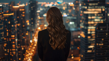 Businesswoman in a business suit looks at the city. City landscape