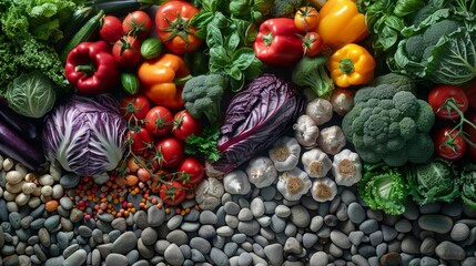 A colorful assortment of vegetables including tomatoes, broccoli, and peppers. Concept of abundance and freshness, showcasing the variety of healthy foods available