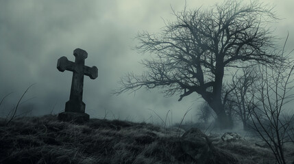 Old scary grave. Spooky foggy scene