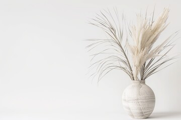 Houseplant vase with dried palm tree twigs on a white background