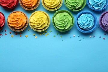 Many tasty cupcakes with bright cream and sprinkles on light blue background, flat lay. Space for...