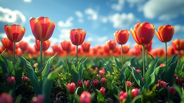Illustrate a field of tulips bending in the wind, from the viewpoint of a crawling ladybug