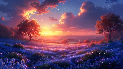 Illustrate a garden of bluebells at twilight, with the last rays of the sun setting the backdrop while the first stars begin to twinkle
