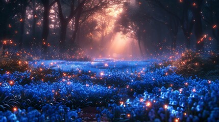 Illustrate a garden of bluebells at twilight, with the last rays of the sun setting the backdrop while the first stars begin to twinkle - Powered by Adobe