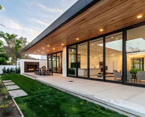 Modern house with glass doors, sliding doors and a wooden ceiling on the terrace of a modern home with a large window. Modern architecture in a garden with a lawn, a stock photo contest winner of mini