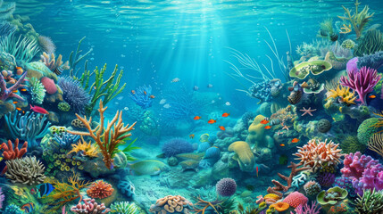 Colorful and diverse coral reef teeming with marine life beneath the ocean surface