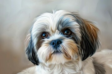 Naklejka na ściany i meble adorable shih tzu puppy closeup portrait with soft fur and curious expression digital painting