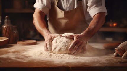 crop anonymous male baker in apron kneading dough on wooden table while working in bakery.
