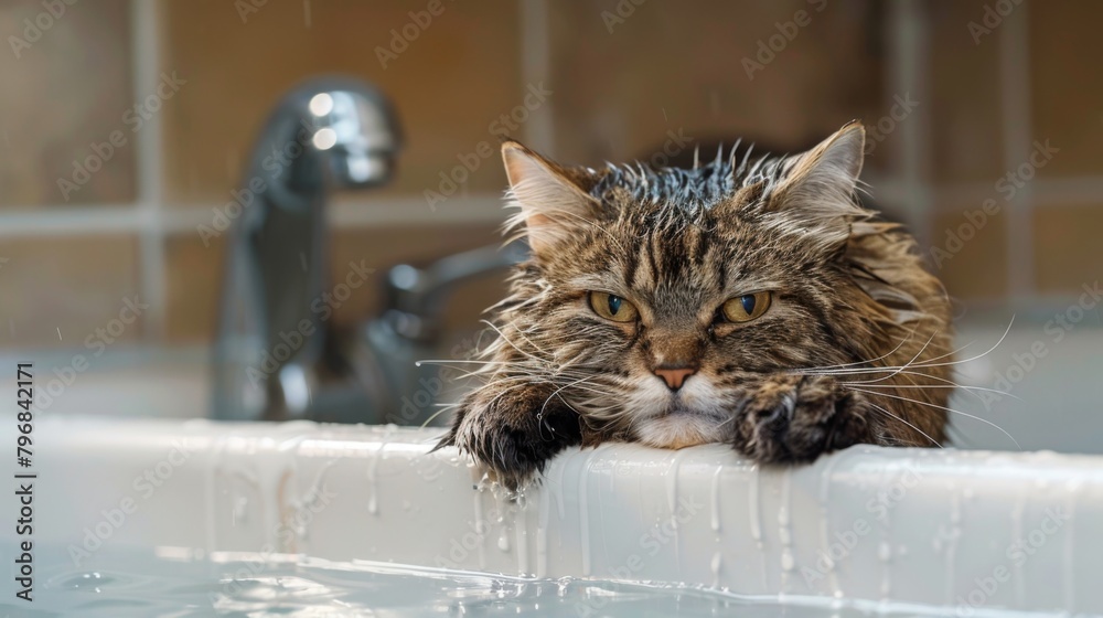 Poster A cat begrudgingly enduring a bath while perched on the edge of a bathtub, its expression conveying a mix of annoyance and resignation.