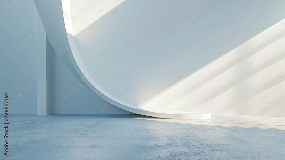 Poster wide angle view of a spacious, minimalist interior with elegant curved architecture