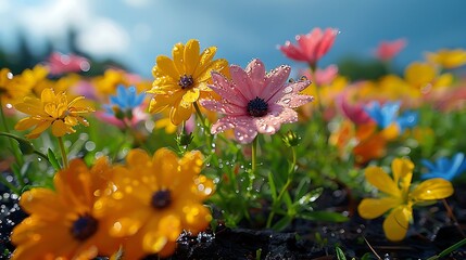 Depict a variety of wildflowers immediately after a rainstorm