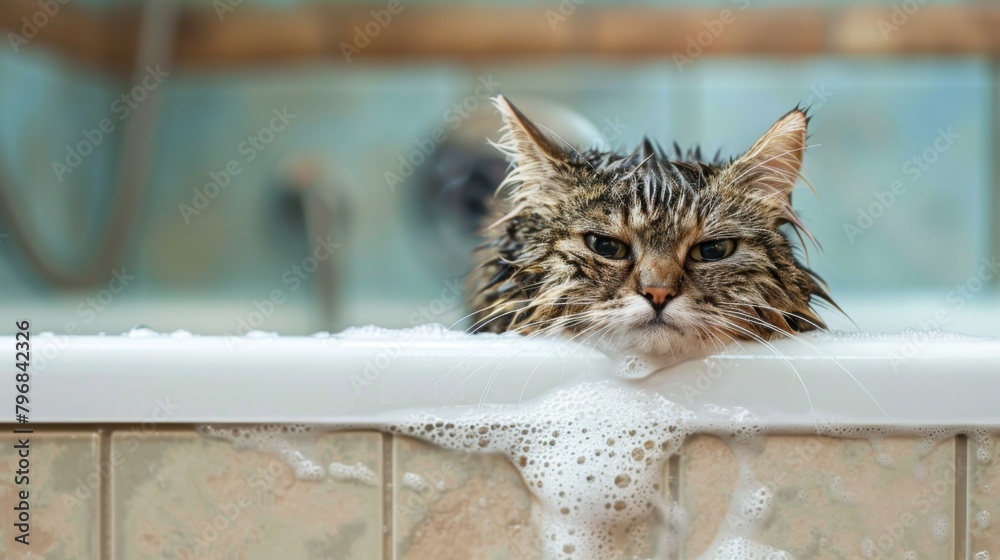 Poster a cat begrudgingly enduring a bath while perched on the edge of a bathtub, its expression conveying 
