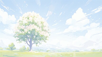 Fototapeta premium Bring the elegance of nature to life by skillfully blending traditional watercolor techniques to depict a long shot of a flourishing pear blossom tree in a dreamy, impressionistic style