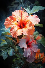 Capture a high-angle view of a vibrant tropical hibiscus flower in full bloom, showcasing its intricate petals and vibrant colors using photorealistic digital techniques