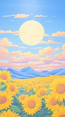 Create a vibrant oil painting capturing the majestic aerial view of a sprawling sunflower field basking under the golden rays of the sun Convey the immense beauty and radiance of each blooming sunflow