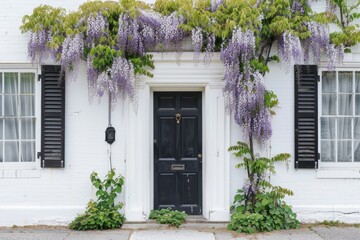 wisteria decorated classic suburban white house facade and front porch.. beautiful spring season. 