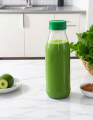 green smoothie in a glass bottle on a white kitchen table