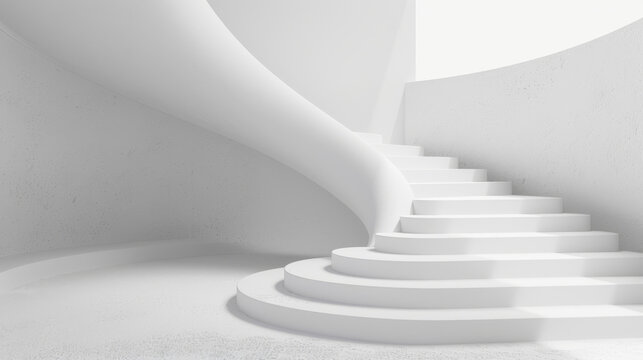 Abstract image showcasing a minimalist white spiral staircase with smooth curves in a contemporary space