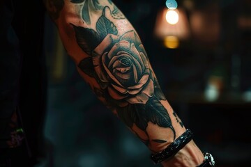 black rose grunge tattoo on arm of a man closeup on dark background