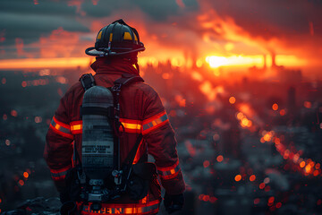 Brave Firefigther Standing Tall with Cityscape and Firefighter Accessories