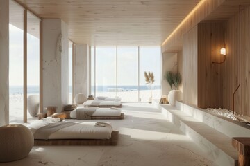 spa hotel interior  scandinavian minimal style beige neutral colors. Luxury hotel with relaxation zone by the sea or lake