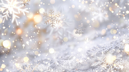 Sparkling, wintry background with glittering snowflakes and festive bokeh lights