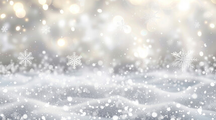 Fototapeta premium Tranquil winter scene with sparkling snow and delicate snowflakes enhanced by a cozy bokeh effect