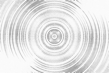 Radial halftone gradient background. Dotted concentric texture with fading effect. Black and white circle shade wallpaper. Grunge rough vector. Monochrome backdrop