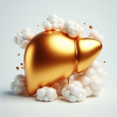 Golden human liver. 3D golden anatomical model surrounded by clouds on a white background.