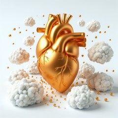 Golden human heart. 3D golden anatomical model surrounded by clouds on a white background.