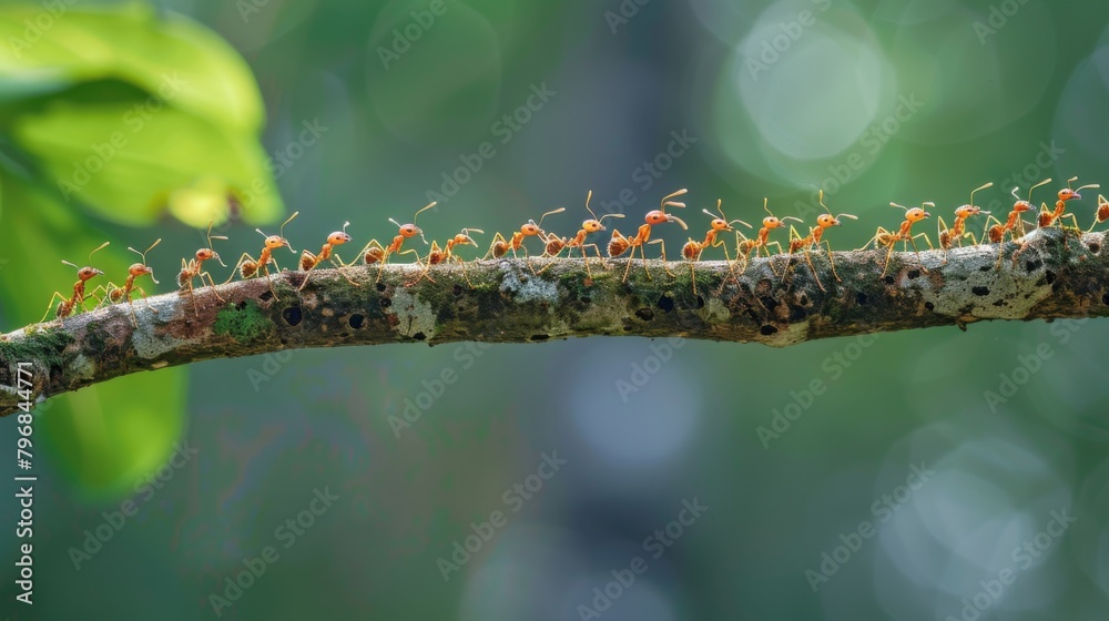 Poster A close-up of a line of ants marching in perfect formation along a tree branch, highlighting the organized behavior of insect colonies.