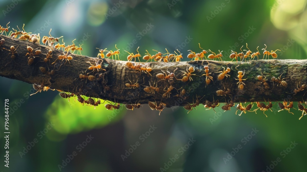 Poster A close-up of a line of ants marching in perfect formation along a tree branch, highlighting the organized behavior of insect colonies.
