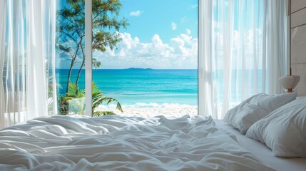 bedroom with white messy bedding and big window with view to beautiful. Summer, travel, vacation, holiday, mindfulness, relax, recreation, hotel, sleep
