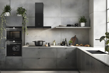 Contemporary modern kitchen interior in in grey concrete with green house plants.