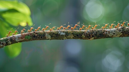 A close-up of a line of ants marching in perfect formation along a tree branch, highlighting the organized behavior of insect colonies.