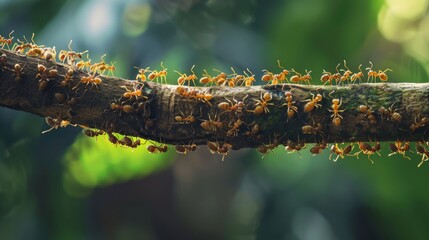 A close-up of a line of ants marching in perfect formation along a tree branch, highlighting the organized behavior of insect colonies.