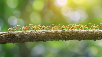 A close-up of a line of ants marching in perfect formation along a tree branch, highlighting the organized behavior of insect colonies.