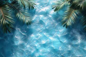 Fototapeta na wymiar A tranquil scene showcasing silhouettes of palm leaves on the gentle waves of a glistening blue pool