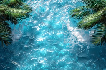 Serene scene of palm tree branches over the reflective turquoise waters of a tranquil swimming pool