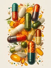 Diverse Array of Probiotic and Antibiotic Supplements Artfully Arranged to Showcase Contrast and Texture
