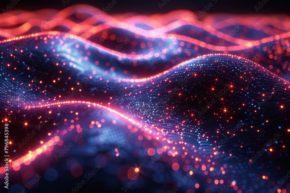 Poster capturing a mesmerizing scene of digital waves with a dominant red hue symbolizing dynamic movement 