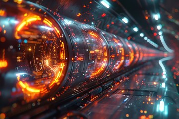 An intricate sci-fi tunnel illuminated by orange and blue lights, creating a sense of depth and...